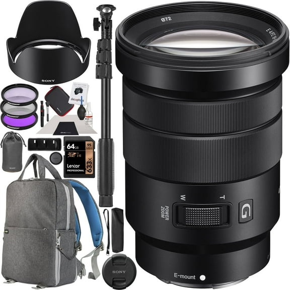 Sony 18-105mm F/4 E PZ G OSS Power Zoom G Lens SELP18105G for Mirrorless E-Mount Cameras Bundle with Deco Gear Photography Backpack Case   Filter Kit   64GB Card   Monopod   Accessories