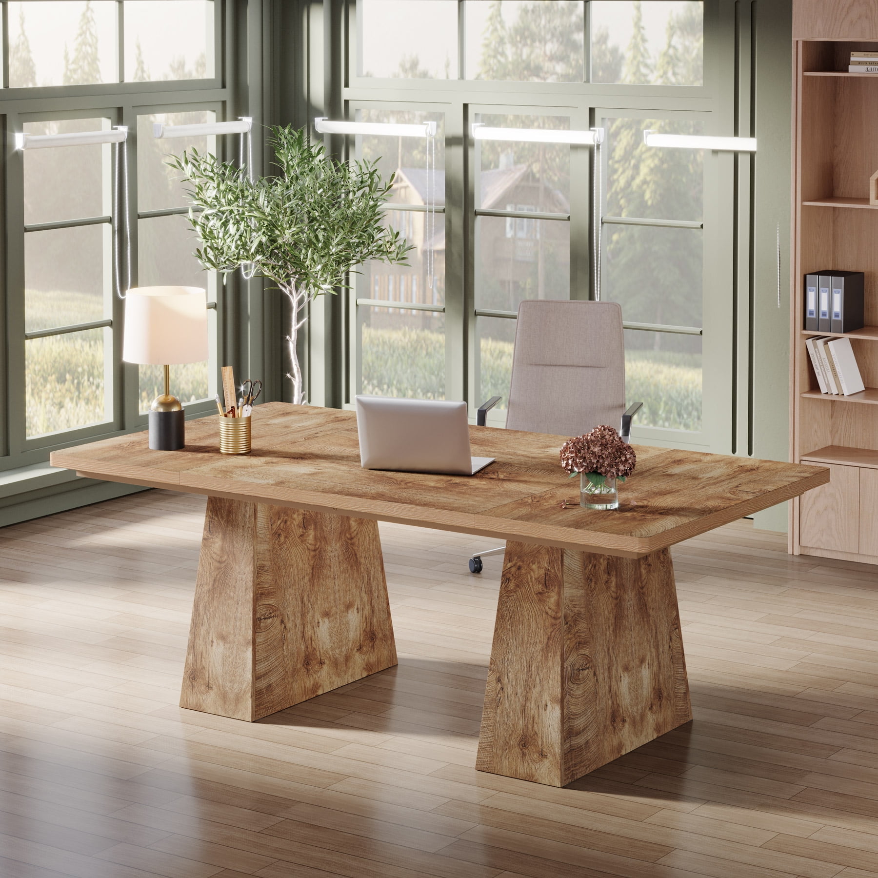 Tribesigns 63" Executive Desk, Modern Office Computer Desk with Double Pedestal, Large Simple Workstations Writing Table Conference Table, Natural