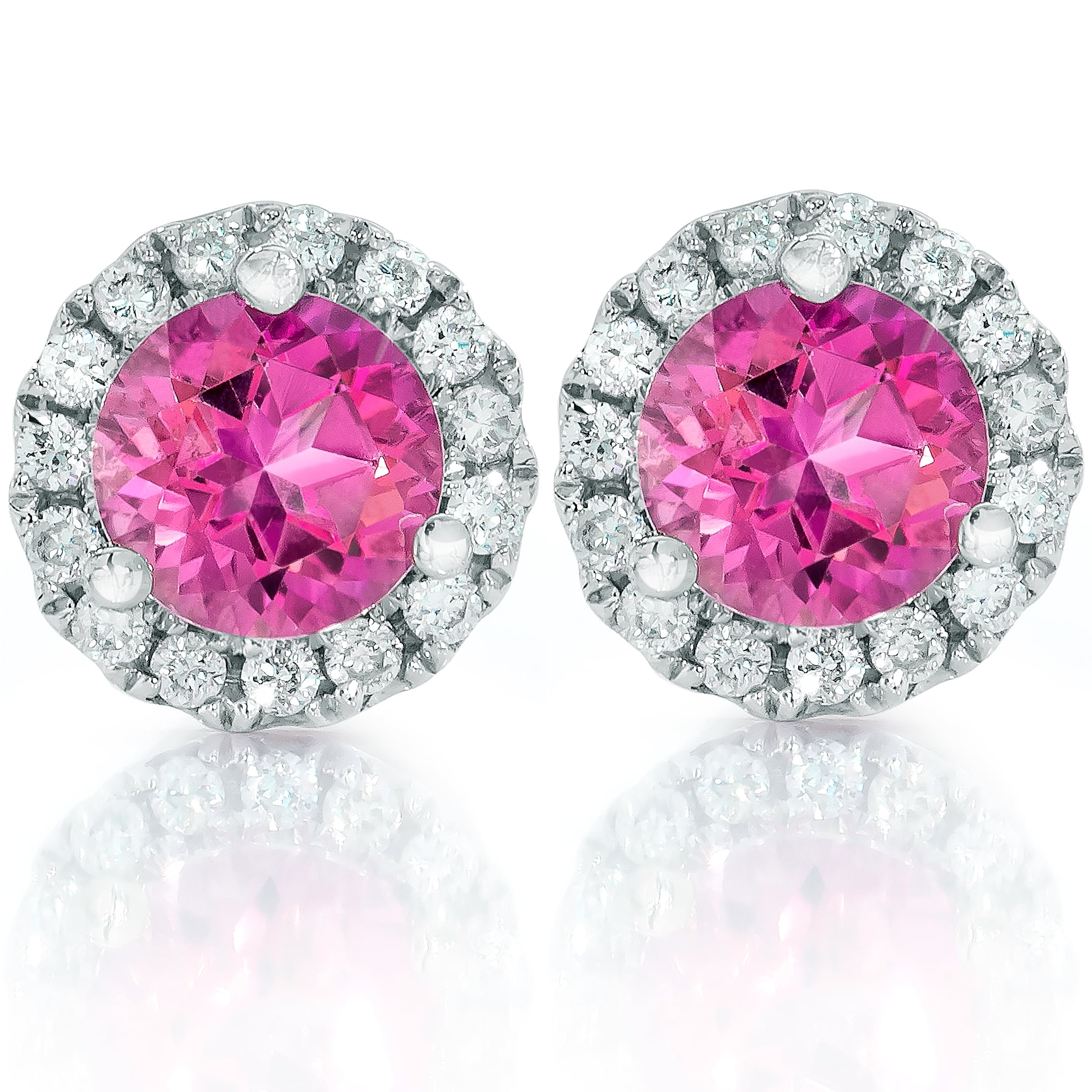 1ct Pink Topaz & Diamond Halo Studs 18K White Gold by Pompeii3