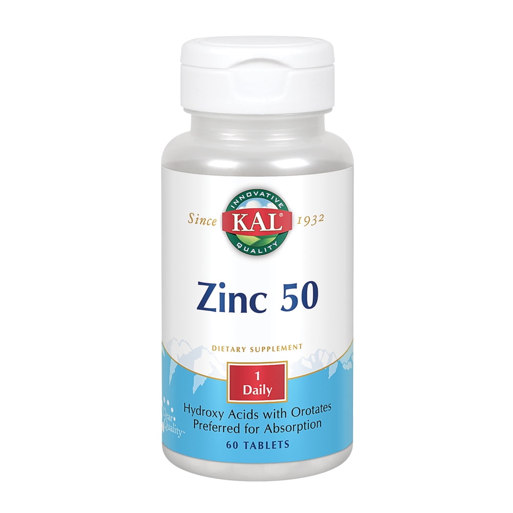 KAL Zinc 50 Hydroxy Acids w/ Orotates | Healthy Metabolism & Immune System Function Support | Preferred for Absorption | Vegetarian | 60 Tablets