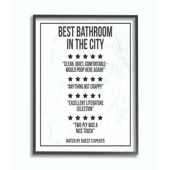 Stupell Industries Five Star Bathroom Funny Word Black And White Design Framed Giclee Texturized Art by Daphne Polselli