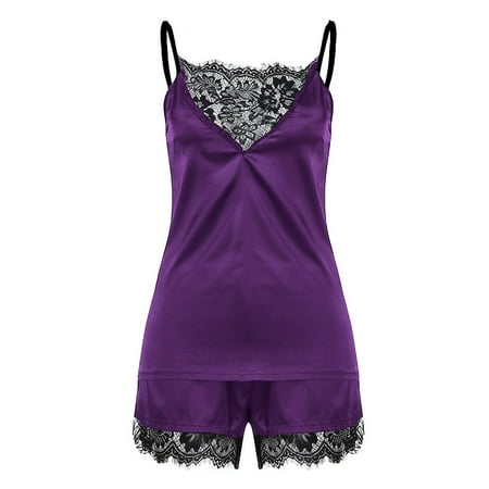 

HIMONE 2Pcs Pajamas Womens Sexy Lingerie Satin Sleepwear Cami Shorts Set Nightwear Ladies Sleeveless Tops + Shorts Pjs Set