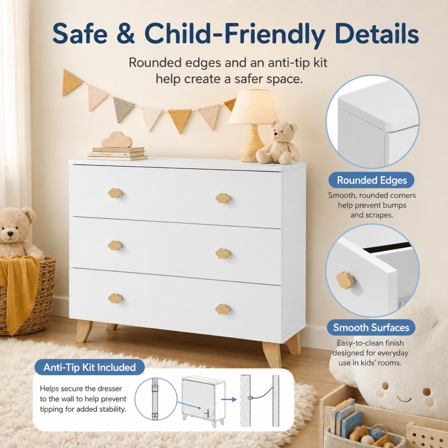 Miniyam 3-Drawer Dresser, Storage Chest with Cloud-Shaped Pine Handles for Bedroom, Nursery and Kids Room, Soft White