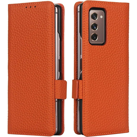 Galaxy Z Fold 2 5G Genuine Cowhide Leather Wallet Case,Flip Folio Magnetic Buckle Closure,Card Slots Holder,Cash Pockets Cover Case with Kickstand Cases for Samsung Galaxy Z Fold 2,Orange