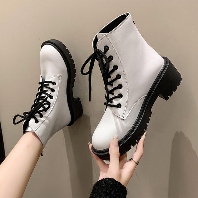 Styesk Boots for Women Martins Boots For Women In Fall And Winter New Style British Style Fashionable Round Toe Front Lace-up Mid-heeled Handsome Motorcycle Boots For Women Work Boots for Women