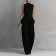thumbnail image 2 of Evdexr Linen Sets For Women 2 Piece Stand Collar Sleeveless Top and Baggy Wide Leg Pants Set Trendy Casual Business Lounge Outfit Suits Black M, 2 of 6