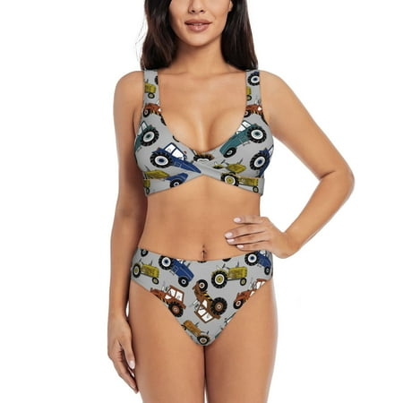 Zeuib Color Tractor High Waisted Tummy Control Bikini Set - Knot Front Push Up Top & Cheeky Thong Bottom  Two-Piece Swimsuit for Women-Small