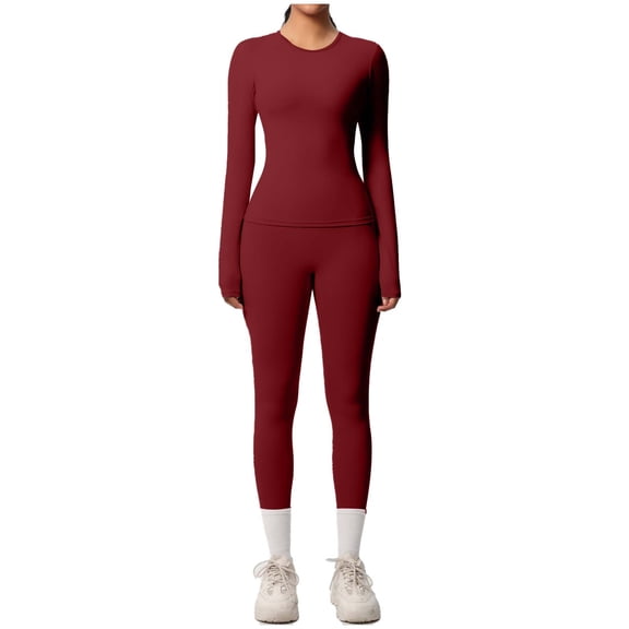 YueHuiYing Fashion Women Solid Color Long Sleeves Round Neck Fitted Trousers Elastic High Yoga Sets