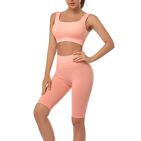 PEASKJP Women Seamless Workout Outfits 2 Piece Exercise Long Sleeve Tops  High Waist Leggings Active Yoga Set, Pink S 