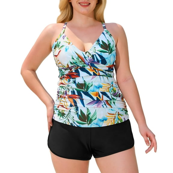 RELLECIGA Women's Twist Front Ruched Tankini Bathing Suits Vintage Two Piece V-Neck Tummy Control Swimsuits