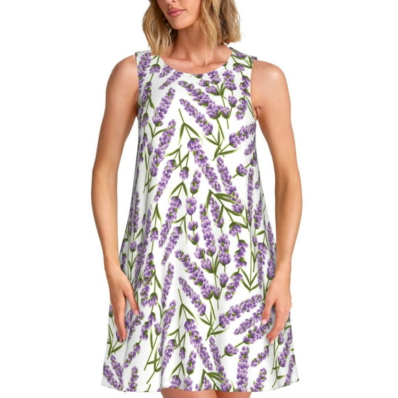 Bixox Lavender Flowers Print Women's Sleeveless A-Line Dress with Pockets, Casual Knee-Length Tank Dress for Summer-Medium