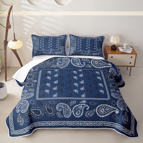 meiyoeat Navy Blue Paisley Bed Spread Queen For Kids,Bohemian Exotic Style Queen Coverlet Set For Adult,3 Pieces