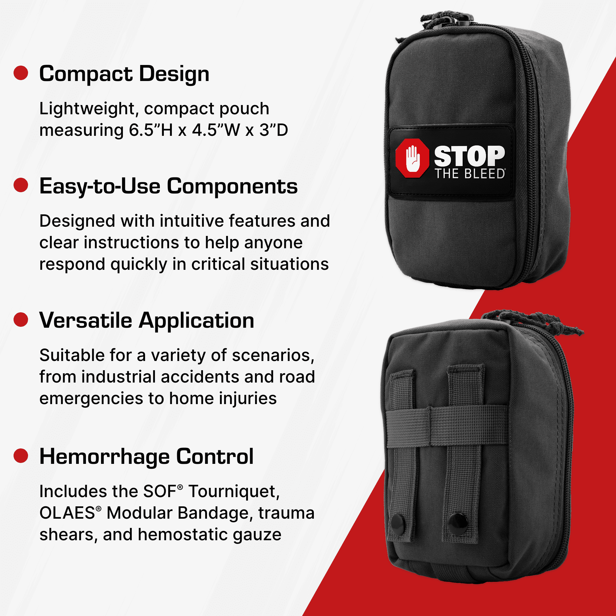 Stop The Bleed Kit, TacMed Solutions – Basic Bleeding Control Black Nylon Pouch, Compact, Easy-to-Use Hemorrhage Control Kit, Emergency First Aid with Tourniquet and Emergency Bandage