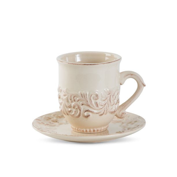 Gerson Acanthus Leaf Embossed Cream Ceramic Cup and Saucer (Set of 4)