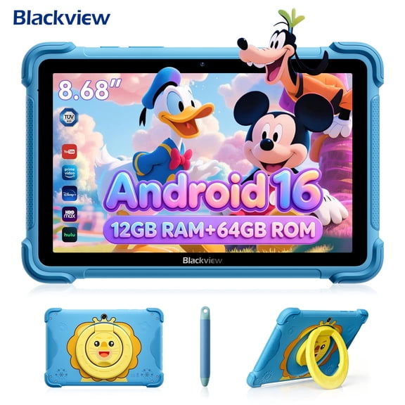 Blackview Link 1 Kids, Android 16 AI Children Tablet, 12GB 64GB(2TB External), 3 AI Smart Assistance, 8.68'' HD Screen, 5MP 8MP Camera, Google Kids Space Parental Control, Dual BOX Speakers Blue