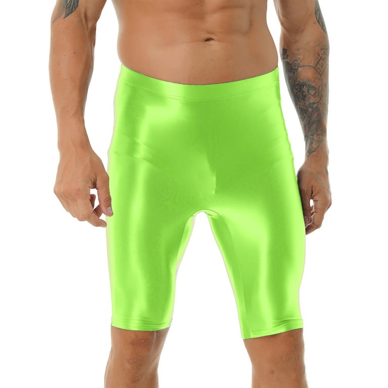 iEFiEL Mens High Waist Shiny Sports Tights Biker Shorts Oil Glossy Workout  Compression Shorts Fluorescent Green M 
