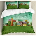 thumbnail image 1 of Mural King Size Duvet Cover Set, A Village of Abstract Shaped Colorful Houses and Bushy Trees on Greenery Grass Field, Decorative 3 Piece Bedding Set with 2 Pillow Shams, Multicolor, by Ambesonne, 1 of 3