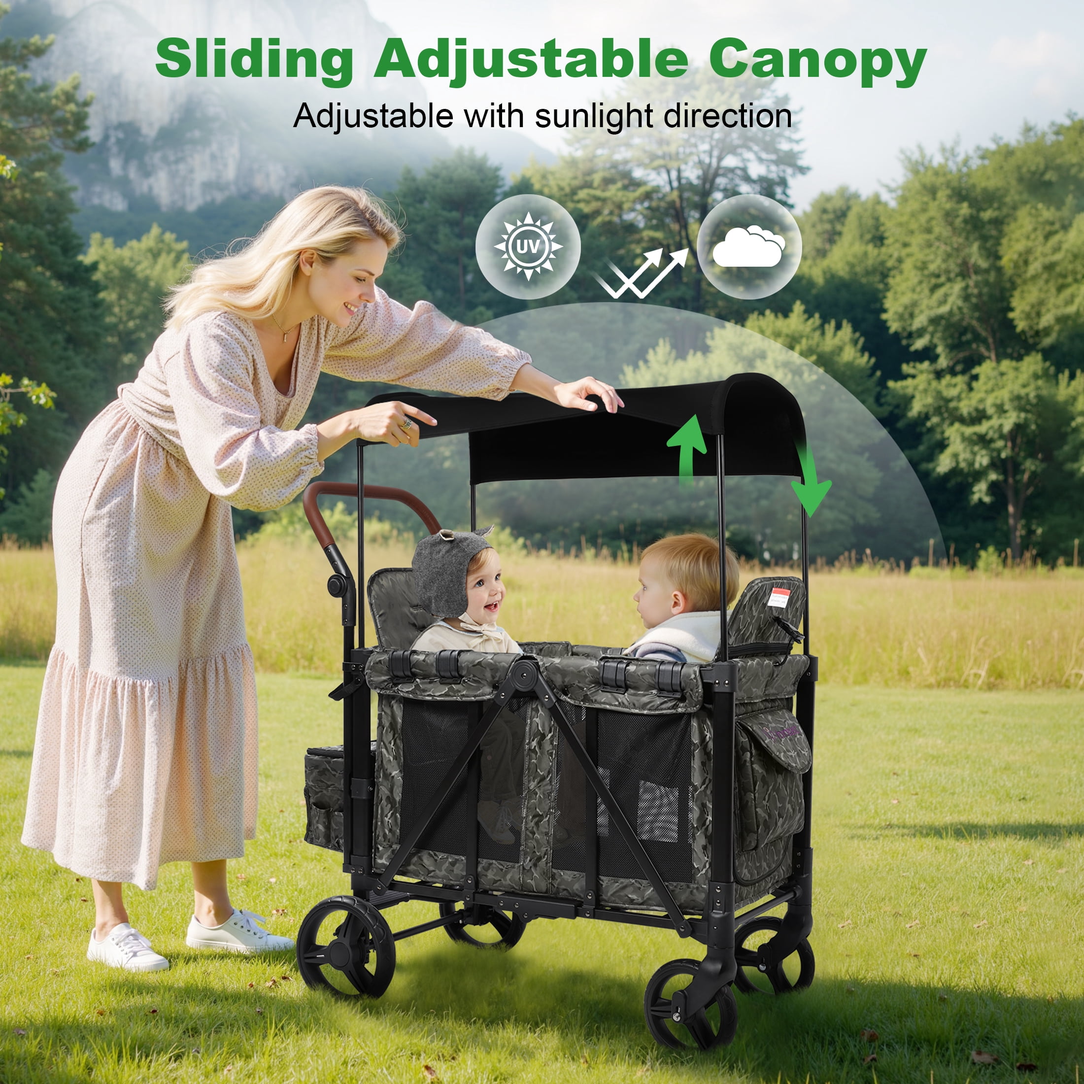 Vomeast Wagon Stroller for 2 Kids, 3-in-1 Stroller Wagon with Canopy, 5-Point Harness, Adjustable Handlebars, Removable Seat for Toddlers, Camo Green