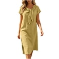 thumbnail image 5 of Karymi Dresses for Women Fake Cotton Linen Midi Dress, Short Sleeve V-Neck Bow Tie Neck Shift Dress with Back Zipper and Side Slits, Solid Loose Dress Maxi Dress, 5 of 8