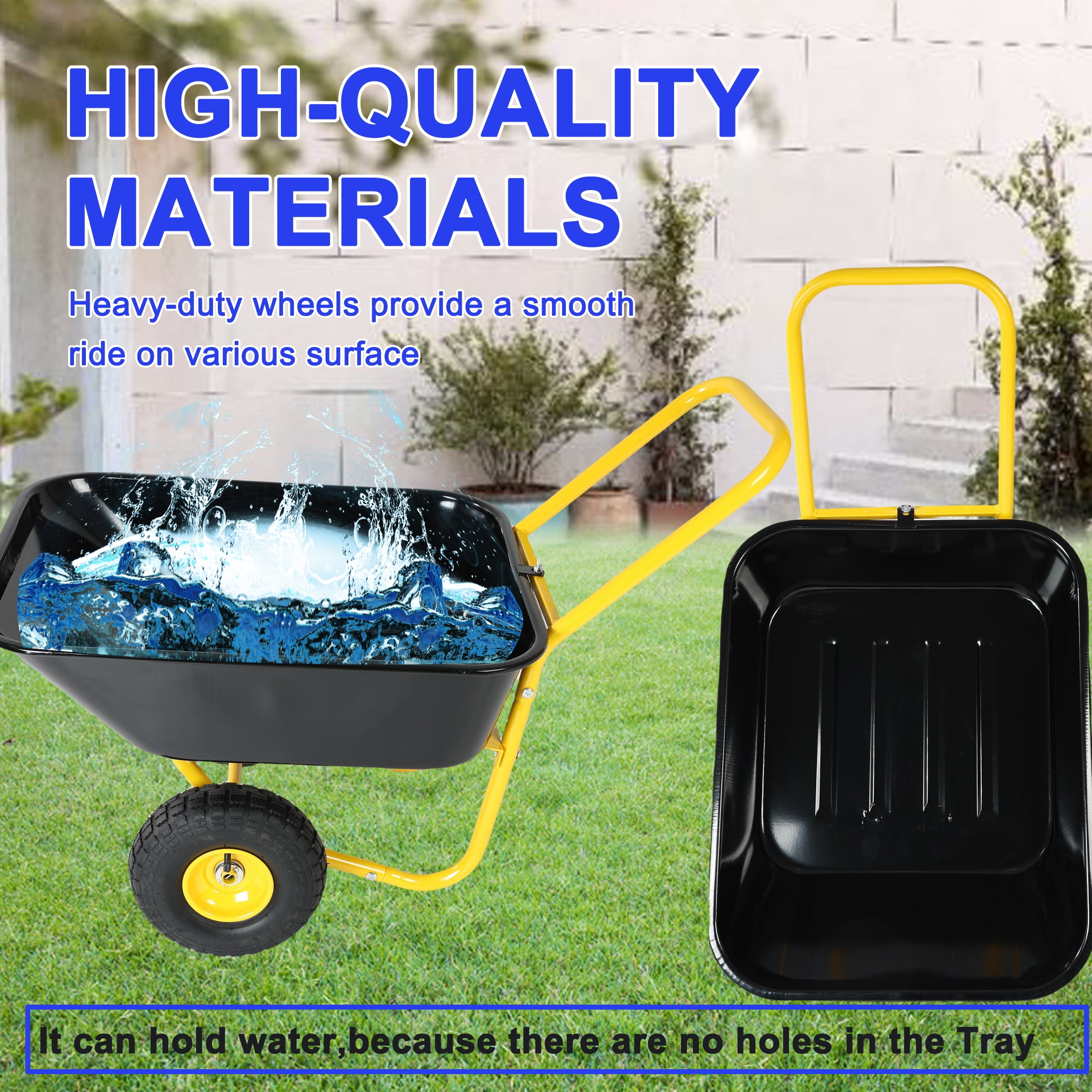 Two-Wheeled Garden Barrow Cart with 10-Inch Pneumatic Wheels, Yellow & Black 35L Large Capacity Non-Porous Leak-Proof Utility Wheelbarrow for Soil Water Tools Garden Warehouse Use