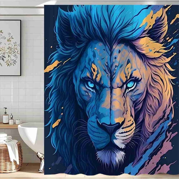 70x70 inch Abstract Blue and Gold Lion Face Shower Curtain, Waterproof Polyester Fabric with Hooks for Bathroom Decor