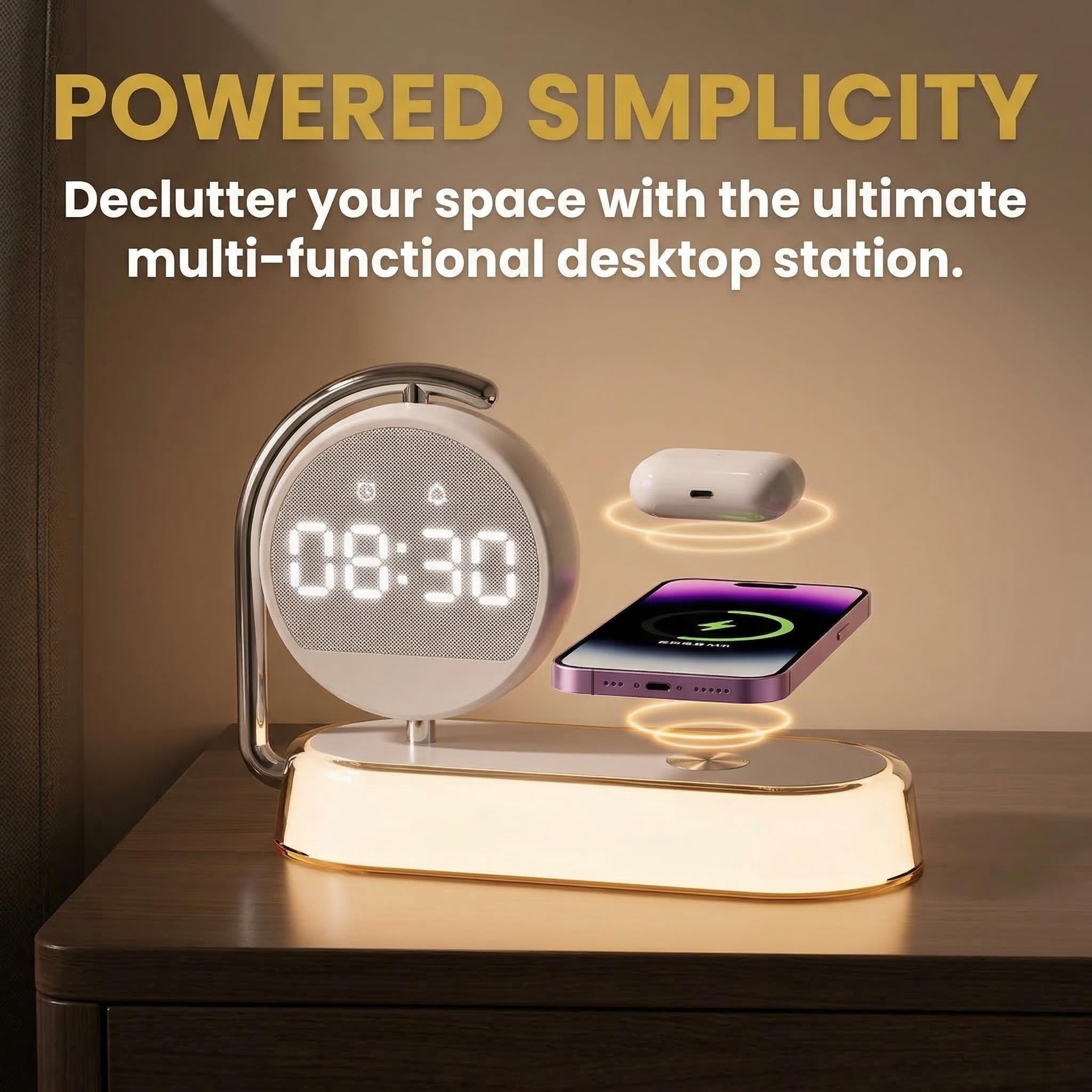 15W Wireless Charger Alarm Clock – Multifunctional night light with 360° rotatable display, 3500K eye-care warm light, touch control, alarm. Includes Type-C cable, safe for bedside desk charging