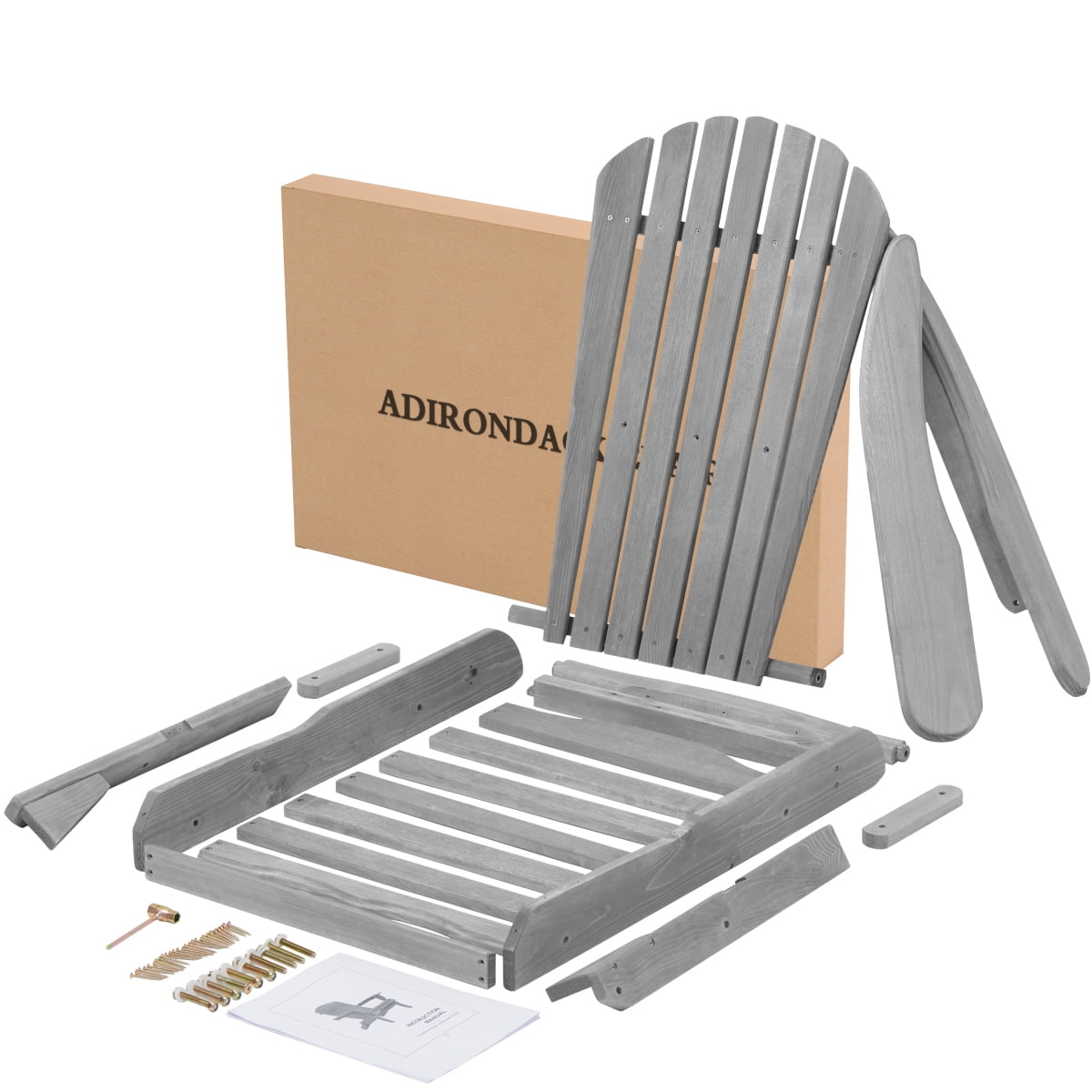 Solid Wood Folding Adirondack Chair Set of 2, Outdoor Wooden Lounge Patio Chair with Tall Backrest & Wide Armrests, Foldable Garden Chair for Lawn Backyard, Gray