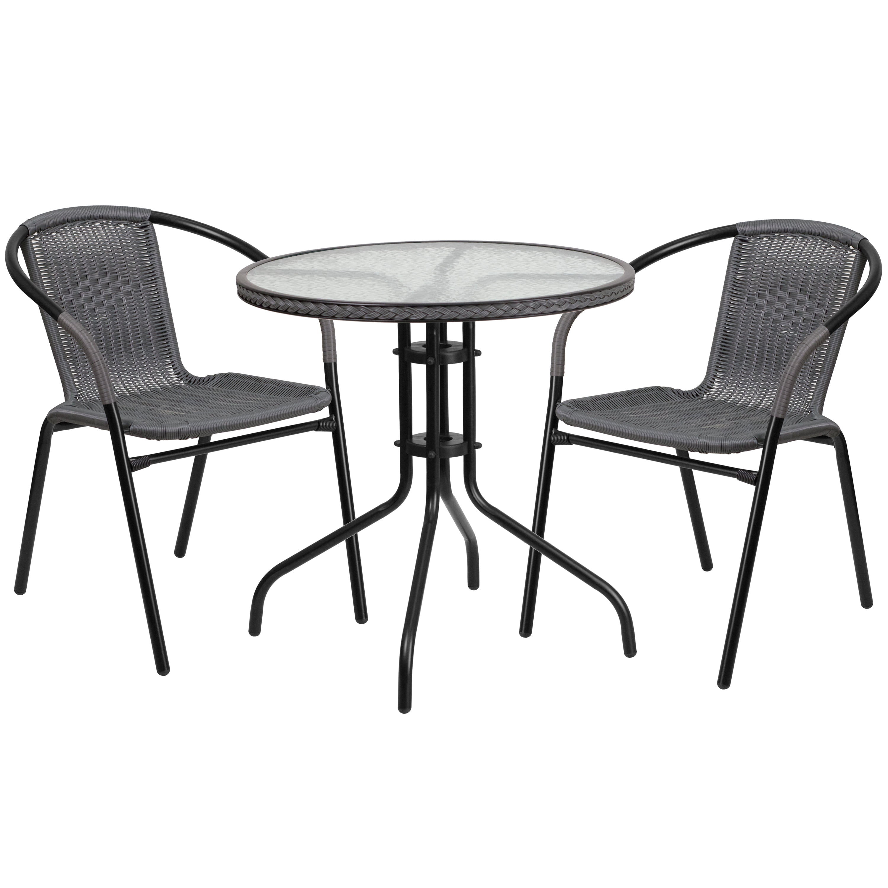 3 Piece Anchor Gray And Clear Round Glass Outdoor Furniture Patio Table