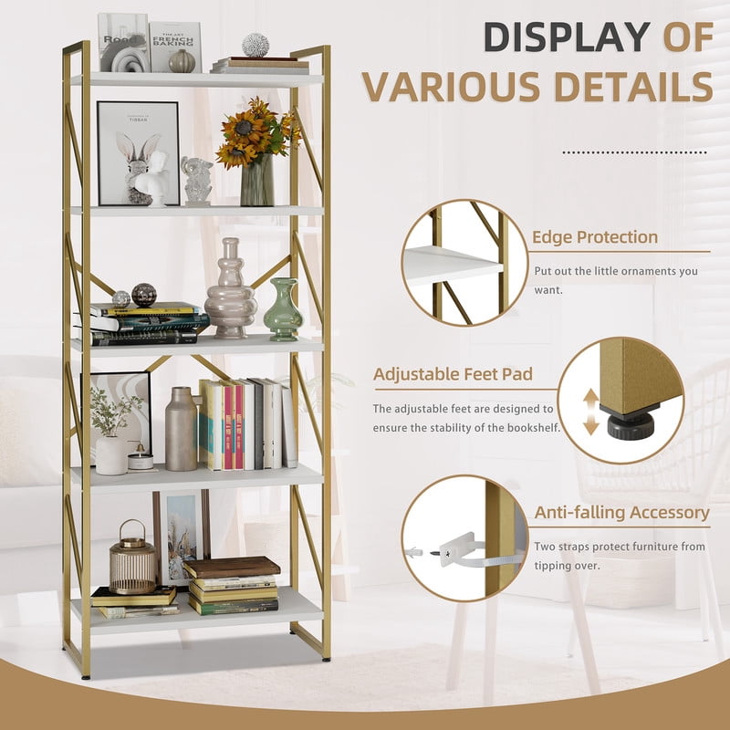 Walsunny Bookshelves Wooden Bookcases 5 Tiers H-Shaped Bookshelf with 5 Open Display Shelves Gold
