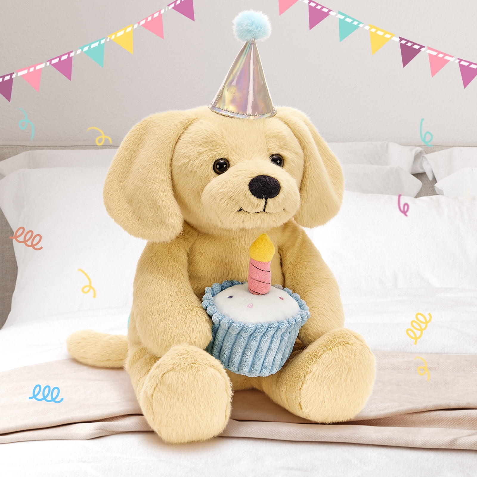 MaoGoLan 18'' Labrador Stuffed Animal Stuffed Labrador With A Birthday Cake And Glow-in-the-dark Candle Plush Toy
