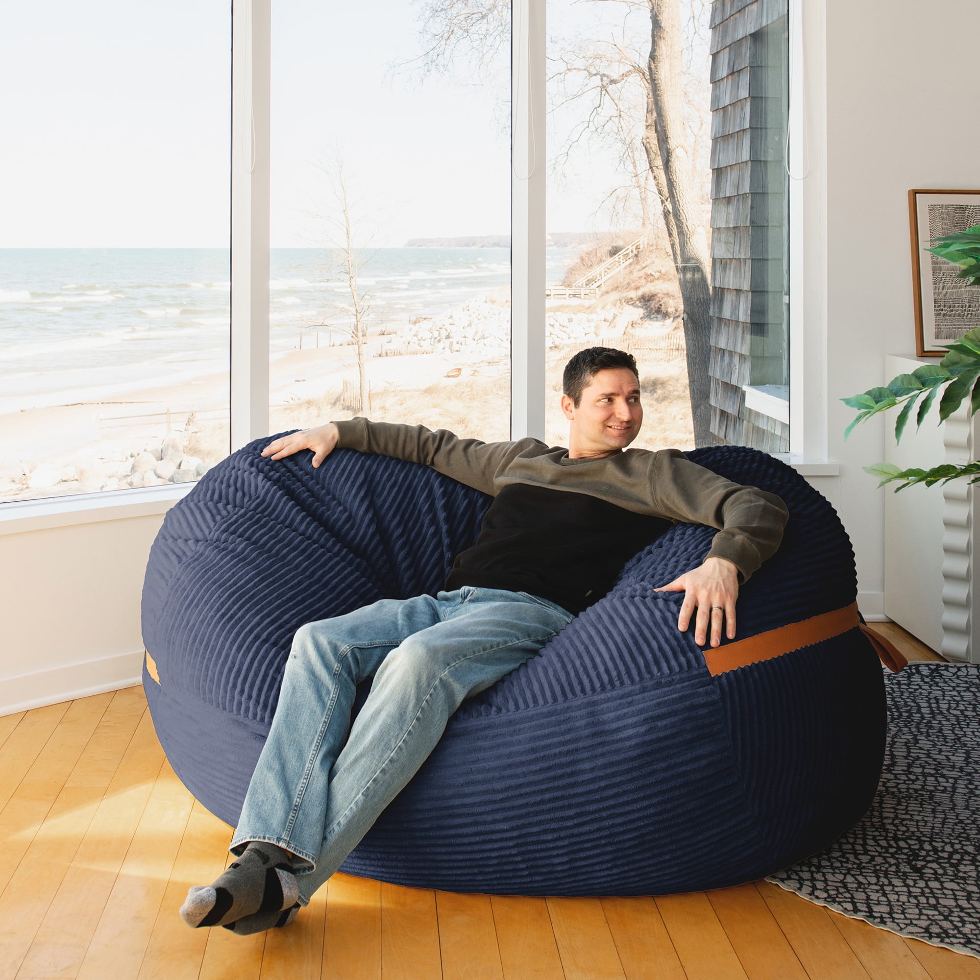 Big Joe Fuf 7Ft Giant Foam Bean Bag Chair, Oversized Couch with Removable Cover for Kids, Teens, Adults, Midnight Blue Corded Plush, 7 Foot