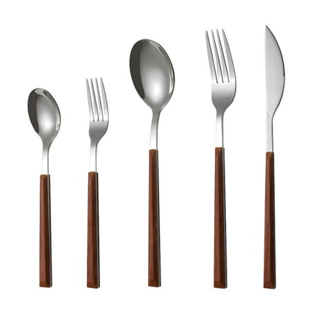 

Lunch Kitchen Knife Fork Spoon Reusable Portable Stainless Steel Dinnerware Set Cutlery Set Imitation Wood Handle Tableware Set WOODEN-SILVER