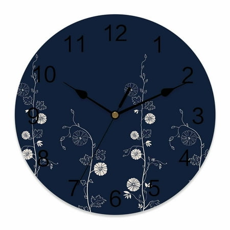 Wall Clock Japanese Style Flowers Clocks PVC Silent Non-Ticking Battery Operated Decorative Solid Color Navy Blue Round Clock for Home Living Room Kitchen Bedroom Office School Wall Decor 14 Inch