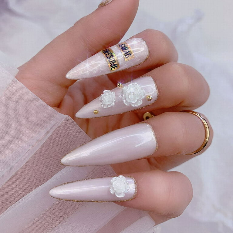 Pearl White Nails W/rhinestones Press On/glue on Nails 