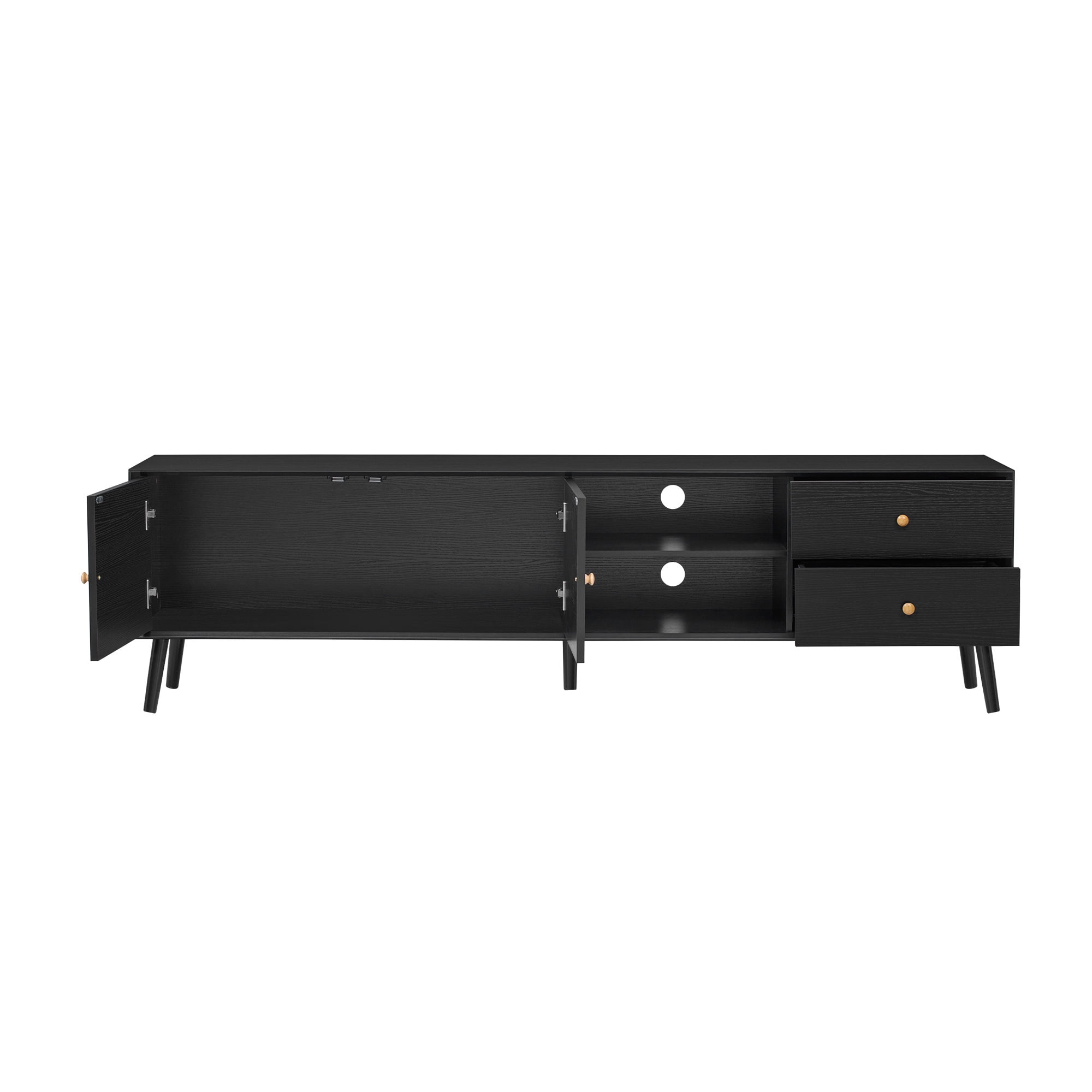 PAPROOS TV Stand for 80 inch TV, TV Cabinet with 2 Drawers & Rattan Door, Mid Century TV Console Table with Storage Cabinets, Entertainment Center for Living Room, Office, Black