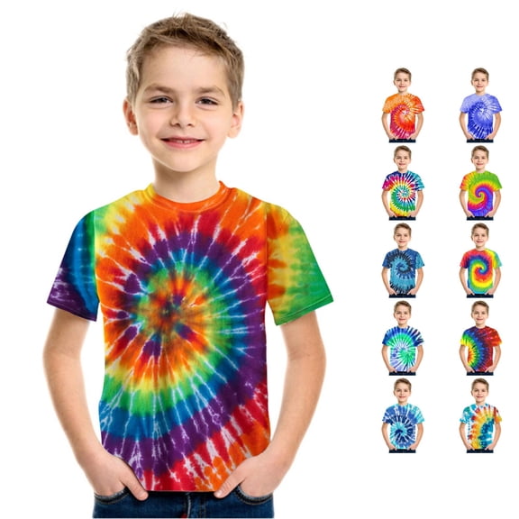 WhouRiu Boys Casual Tie Dye Graphic Tees Short Sleeve Crew Neck Tshirt Summer T Shirts 4-16 Years