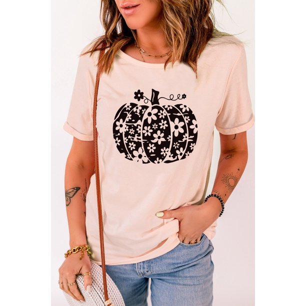 ABPHQTO Camiseta de manga corta con estampado gráfico floral de calabaza rosa para mujer
