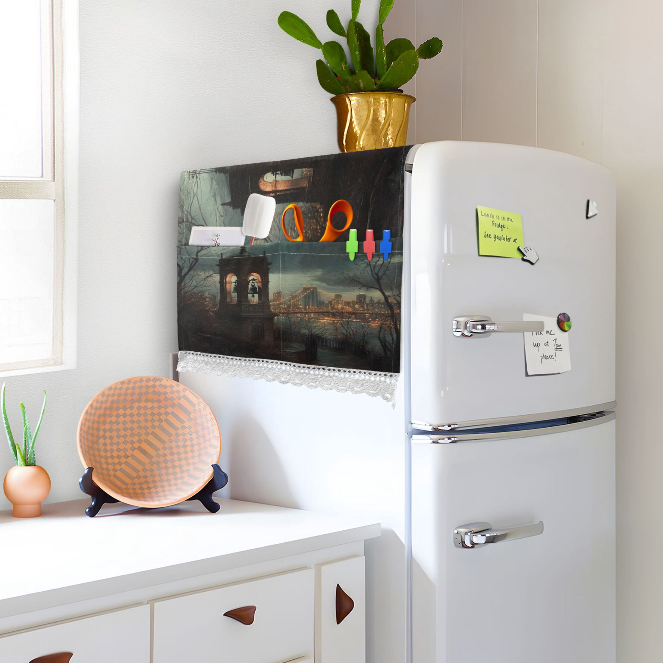 Bell TowerWasher and Dryer Covers Dust-Proof and Oil Resistant Fridge Cover with 4 Storage Pockets Washing Machine Top Cover for Laundry Kitchen Home 51.2 x 22 In