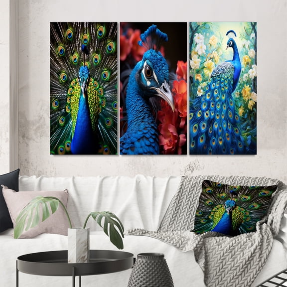 Designart "Blue Radiant Peacock" Animals Wall Art Set Of 3 - Teal Peacock Gallery Set For Office Decor