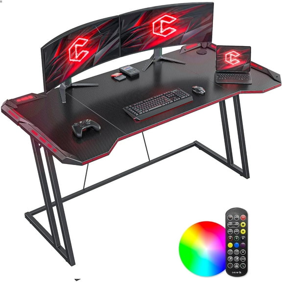 Gaming Desk with LED Lights, 55" Z Shaped Gamer Desk, Home Game Computer Desk with Carbon Fiber Surface, Ergonomic Office PC Workstation with Cable Management, Black