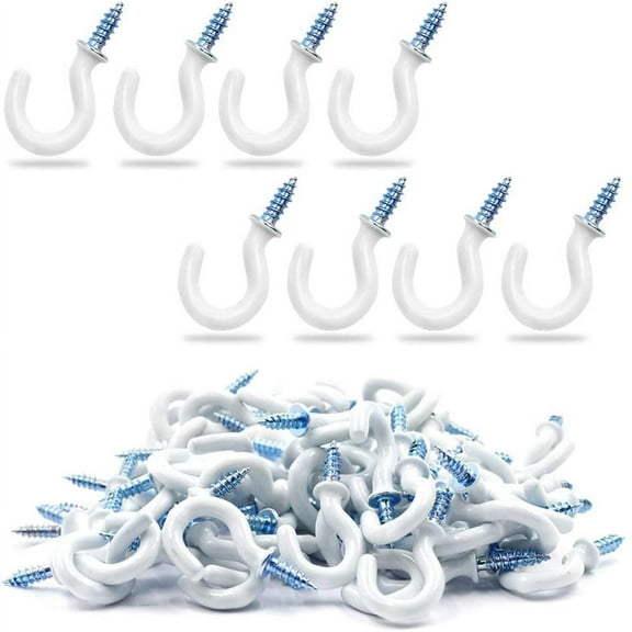50Pcs 1/2-Inch Cup Hooks Ceiling Hooks, Plastic-Covered Metal Screw-in Hooks, White