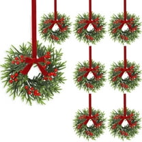8pc Christmas Mini Entryway Cabinet Wreath, Artificial Eucalyptus with Red Berry & Jute Ribbon, Farmhouse Hanging Swag for Console Table Door Window Wall