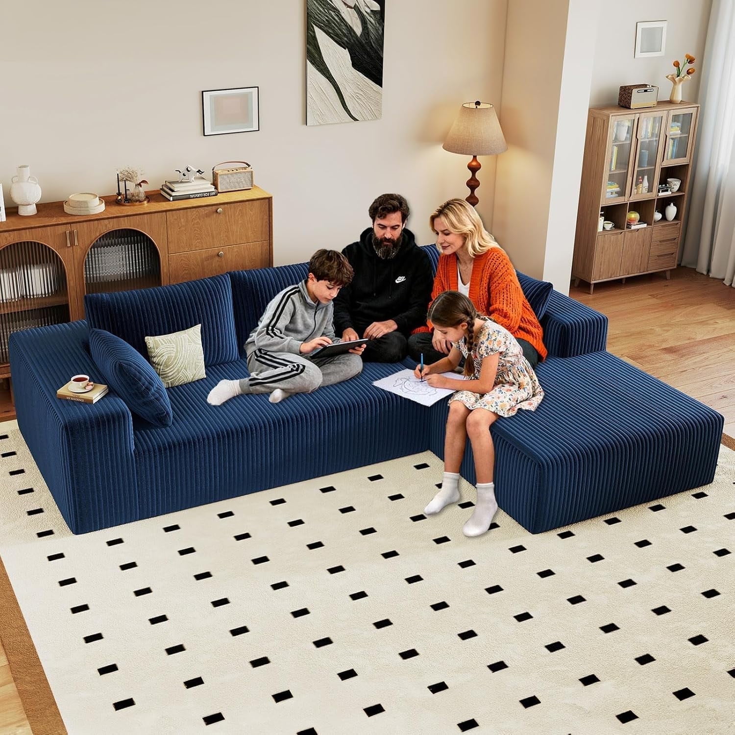 Cloud Couch Sectional, 96" L-Shaped Sofa, No Assembly Corduroy Couch with Chaise for Living Room,Blue