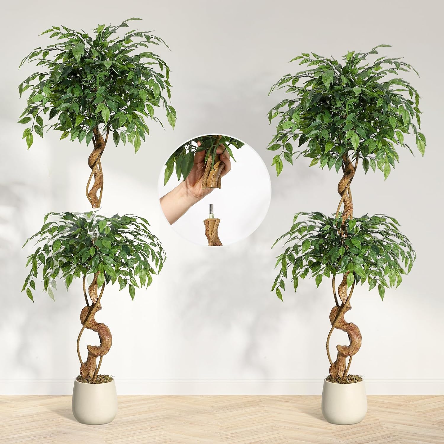 5 ft Artificial Ficus Tree with Curved Trunk, Lifelike Fake Ficus Tree with White Planter Pot, Realistic Faux Plant for Home Decor