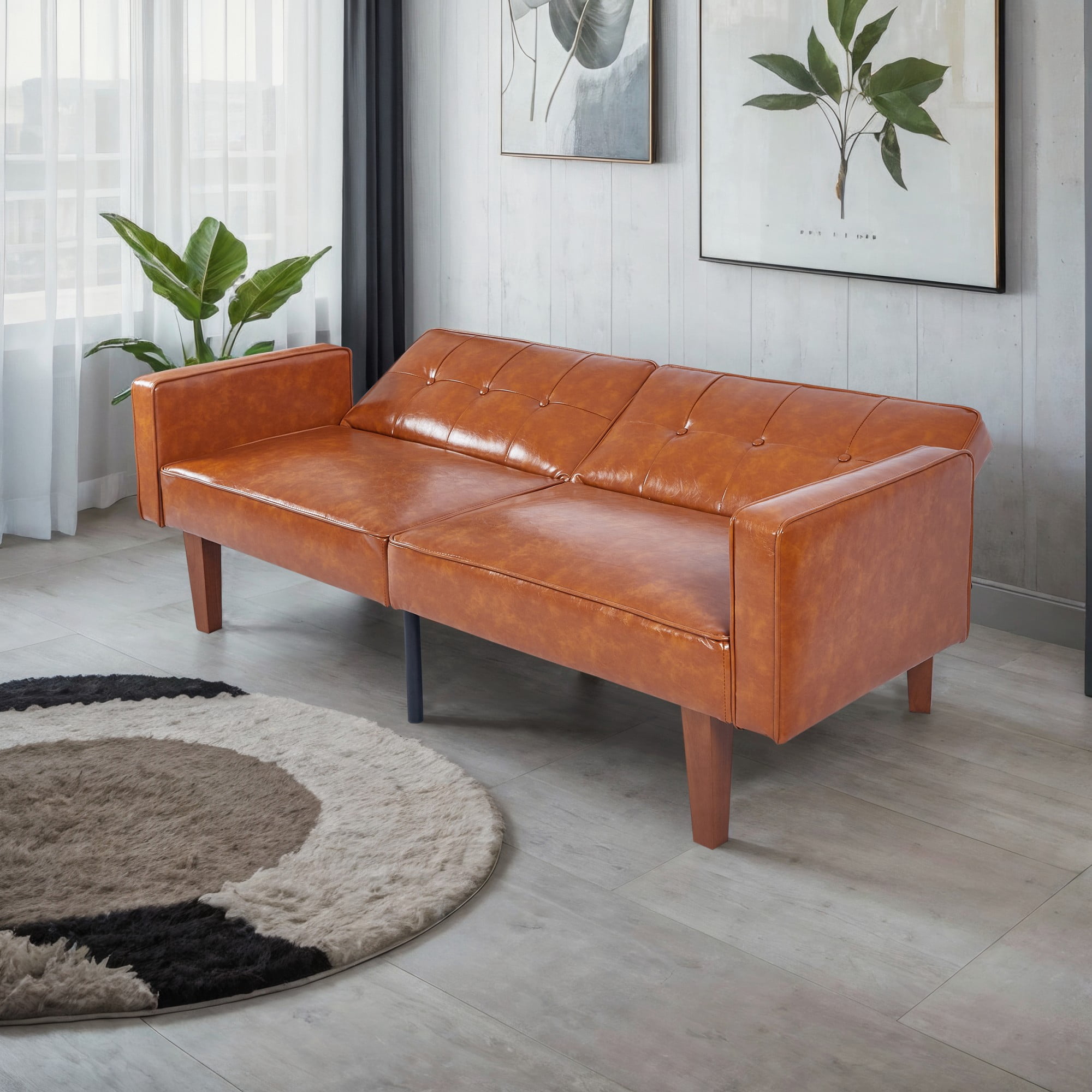 BSHTI 68.11" PU Convertible Sofa Bed with Adjustable 3-Position Backrest, Button-Tufted Split Back for Living Room/Office( Brown)
