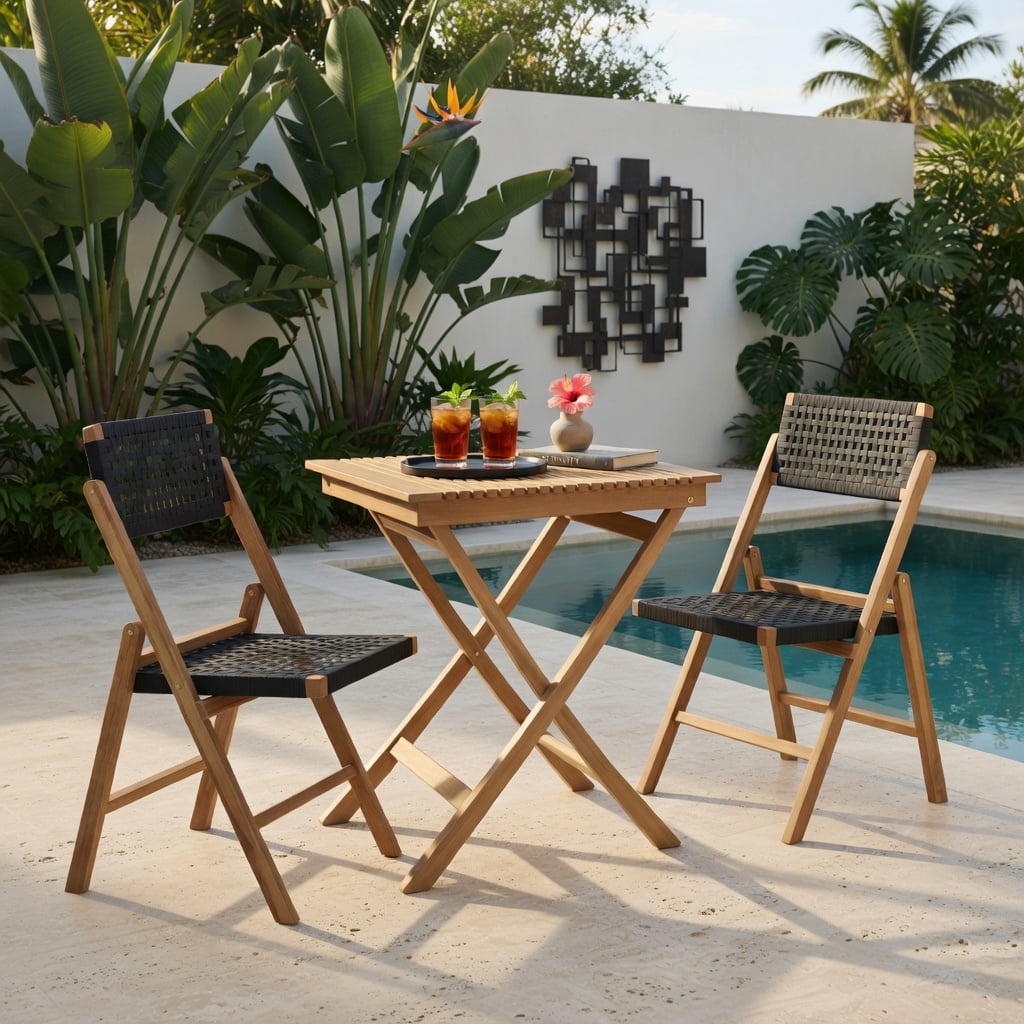 Hommoo 2-Pack Folding Teak Wood Dining Chairs with Woven Rope Seat & Back, Indoor/Outdoor Stackable Patio Chairs for Backyard, Poolside, Camping, Natural+Black