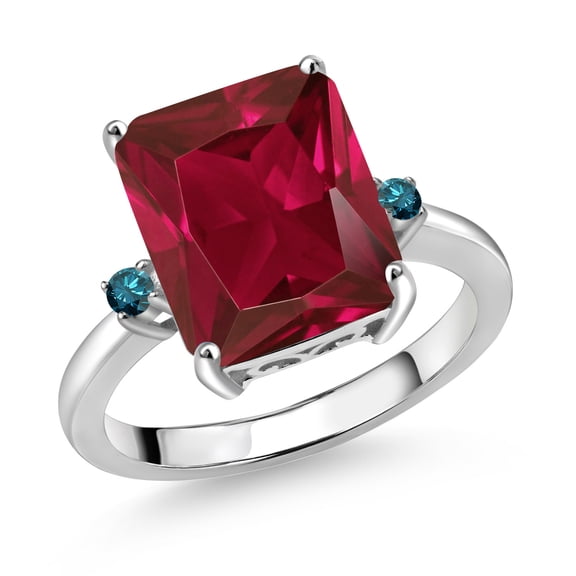Gem Stone King 5.77 Cttw 12X10MM Red Created Ruby and 2MM Blue Diamond 3 Stone Engagement Ring for Women | 925 Sterling Silver | Gemstone Birthstone | Available in Size 5, 6, 7, 8, 9 | Size 6