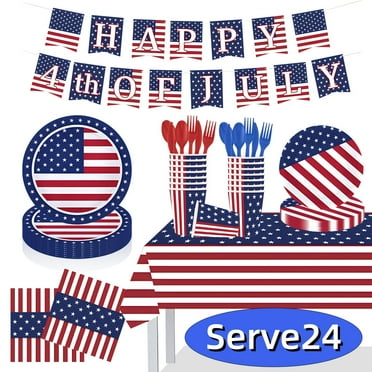4th of July Decoration Patriotic Party Supplies Paper Plate Banner Tablecloth Napkins Disposable for Independence Day Memorial Day Serve 24 Pattern 1