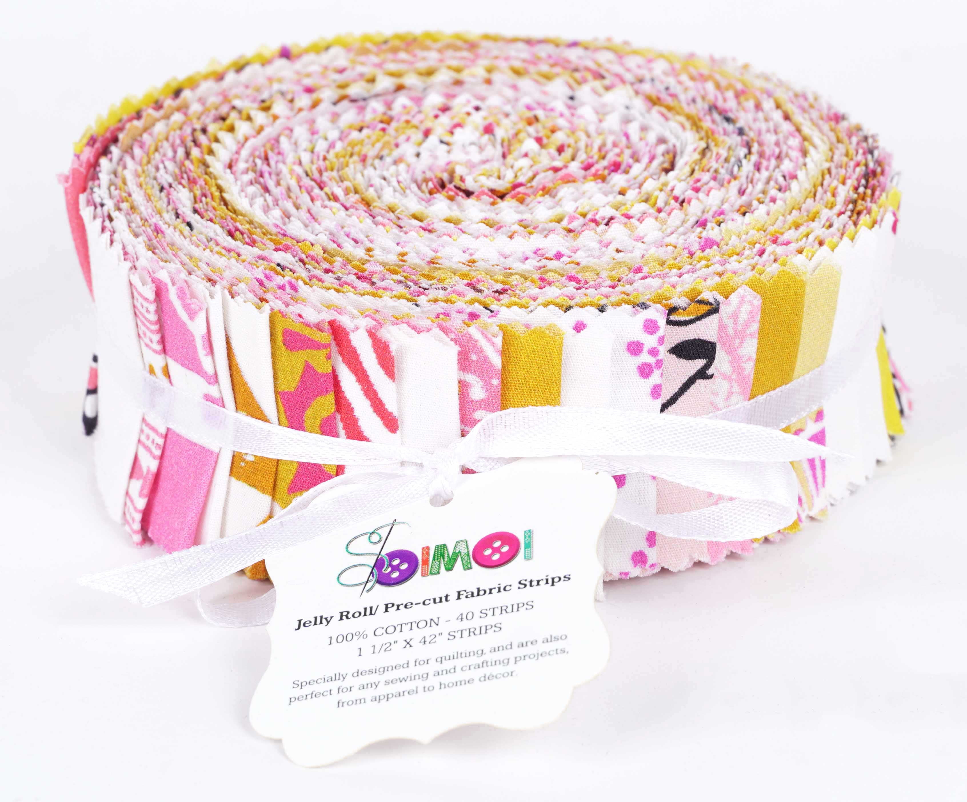 Soimoi 40Pcs Block Print Precut Fabrics Strips Roll Up 1.5x42inches Cotton Jelly Rolls For Quilting - Light Pink