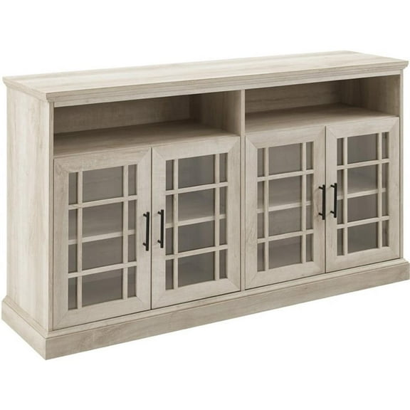 Maklaine 58" Classic Glass Door TV Console with Adjustable Shelves in White Oak